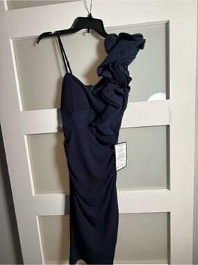 Ruffled One-Shoulder Navy Women's Dress